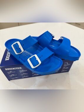 Birkenstock Bright Blue Two-Strap Sandals with White Buckles- 39